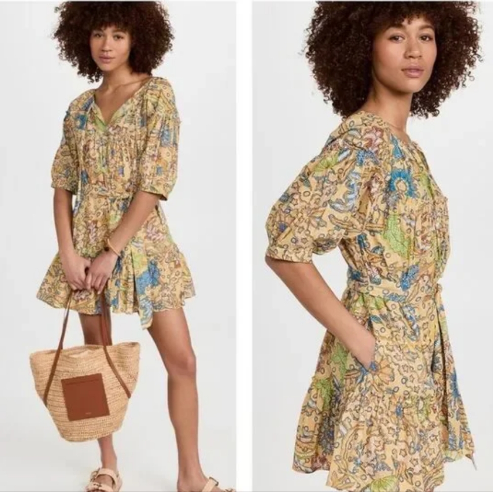 Suzi Kondi Beige Floral Mini Dress with Blue & Green Accents